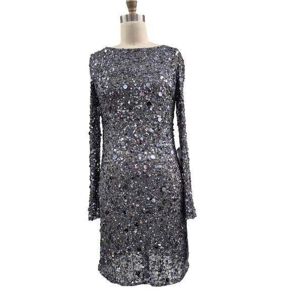 NWT Aidan Mattox Silver Fully Sequined Party Dress Long Sleeve Mini Dress Sz 4 - Picture 1 of 7